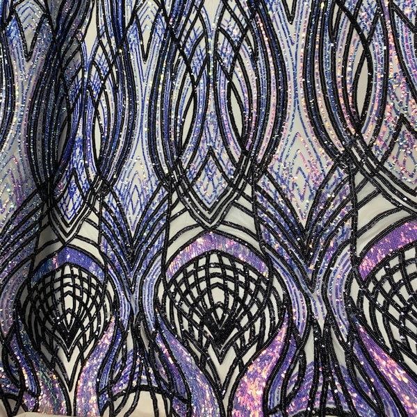 New Peacock_ STRETCH SEQUINS Fabric By The Yard_ Embroider 4 Way Stretch Iridescent (Purple,Lilac,Black) On (Nude) Power Mesh Lace Spandex