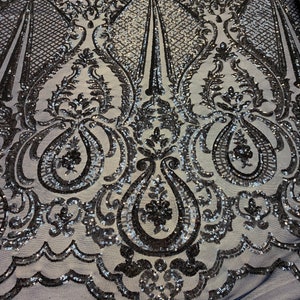 BY THE YARD/ Geometric Design Mesh Lace Fabric Sequins 4 Way Stretch On A Blush Mesh/Iridescent Embroider (Navy Blue) Prom/Gowns Dress