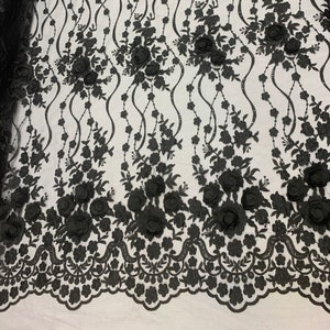 BLACK FLORAL DESIGN WITH CORD EMBROIDERY ON A MESH LACE-SOLD BY YARD. main image 0