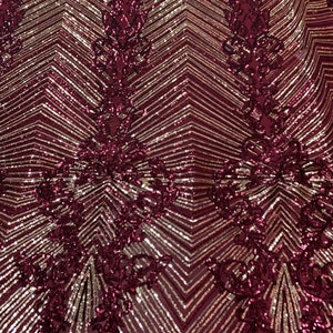 Bordeaux- Geborduurde Stof- 4 Way Stretch SEQUIN STOF op maat gesneden _ Spandex Stof- Mesh Pailletten Fabric_ Kant Stof