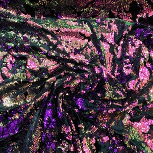 Français// 2 WAY Stretch Sequins Embroider Velvet Fabric per yard// Mermaid Reversible Flip Up Sequins ON Black Velvet// Purple,Pink,Green