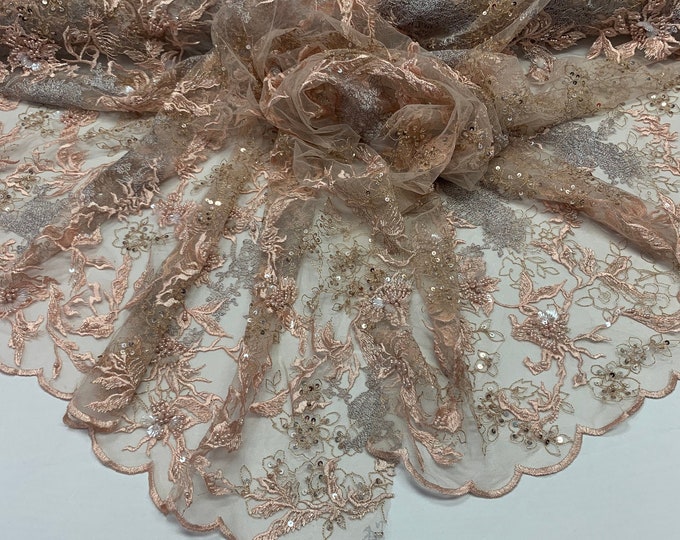 Peach Multi_Color Embroidered Beaded Fabric By The Yard_ 3D Crystal Flowers Floral Fabric _ Sequin Lace Fabric_ Mesh Sequin Fabric