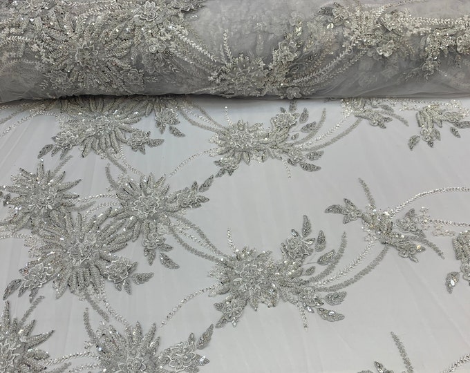 Silver, White//French MODERN 3D Flowers Lace//Hand Beading Lace//Mesh Lace Beaded Fabric By the Yard//Designer Luxury Fabric//Embroidery