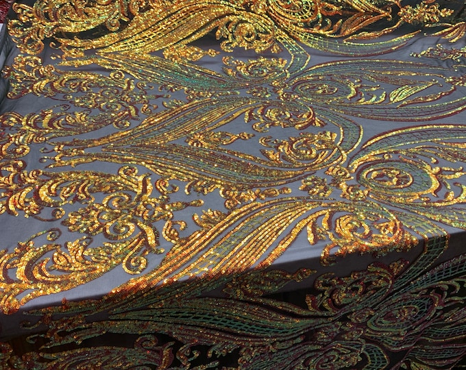 Royalty Iridescent (Orange) Sequins 4 Way Stretch Spandex Black Mesh Fabric By The Yard/ Embroidery Fabric/ Prom Lace/ Wedding Dress/