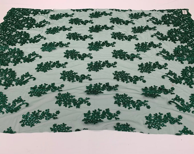 Hunter Green_ Mesh Lace Fabric By The Yard// Floral Pattern Flowers Sequins On A Mesh// Embroidery Lace Handmade Lace// Wedding Dress/ Gowns