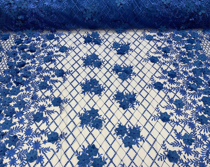 Royal Blue_ Floral 3D Flowers // Mesh 2 WAY Stretch// Beaded Mesh Lace Embroider Lace Fabric By The Yard//Veil// Gowns/ costumes/Prom Dress