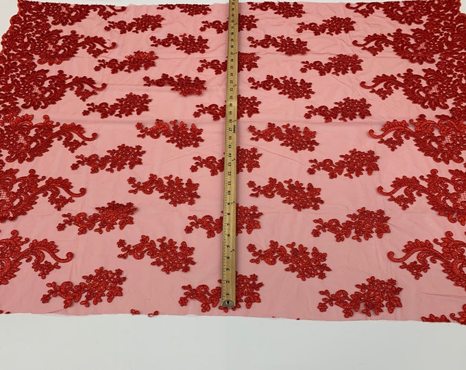 Red_ Mesh Lace Fabric By The Yard// Floral Pattern Flowers Sequins On A Mesh// Embroidery Lace Handmade Lace// Wedding Dress/ Gowns