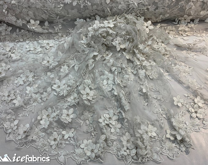 Luxury Beaded Fabric By The Yard_ 3D Flowers Lace Fabric On a Mesh ( White) Embroidered Floral Fabric/ Bridal Fabric