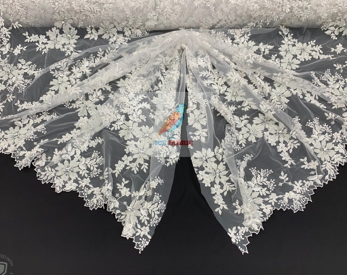FLORAL Lace Embroidered Fabric_ White Bridal Beaded Mesh Lace Fabric By The Yard//Flowers Fabric With Beads And Diamond For Prom Dress