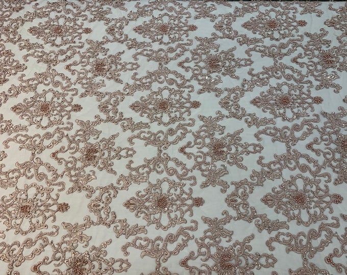 Deluxe Lace_ Dusty Rose Embroidered Lace By Yard_ Beaded Mesh Lace Fabric_Handmade Heavy Glass Beads_ Bridal Fabric, Wedding Gowns, Costumes