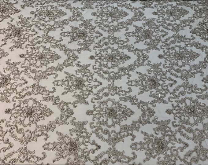Deluxe Lace_ Taupe Embroidered Lace By Yard_ Beaded Mesh Lace Fabric_Handmade Heavy Lace Glass Beads_ Bridal Fabric, Wedding Gowns, Costumes