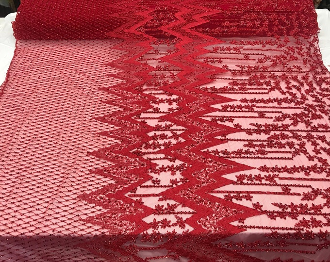 Red Shop Transparent embroidered Beaded Design on Mesh Laces Fabric by the yard prom wedding dresses, decorations, tablecloths, top Fashion