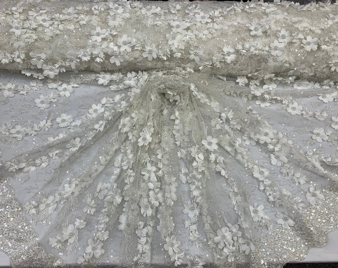 Off White_ FLORAL 3D Flowers Beaded Lace Faux Pearls/Shiny Sequins ON the Edge_ Embroidered Hand Beaded Mesh Lace Fabric By The Yard