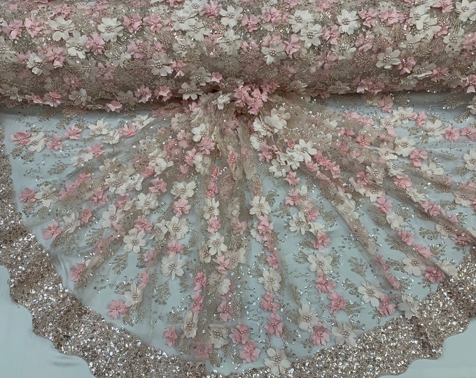 Light Pink Flower_ FLORAL 3D Flowers Beaded Lace With Faux Pearls/ Sequins ON the Edge_ Embroidered Hand Beaded Mesh Lace Fabric By The Yard