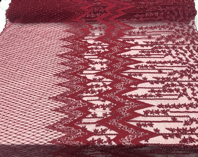 Burgundy Transparent embroidered Beaded Design on Mesh Laces Fabric by the yard prom wedding dresses, decorations, tablecloths, top Fashion