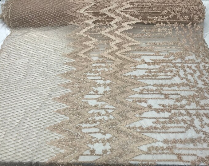 NEW Peach Transparent embroidered Beaded Design on Mesh Laces Fabric by the yard prom wedding dresses, decorations, tablecloths, top Fashion