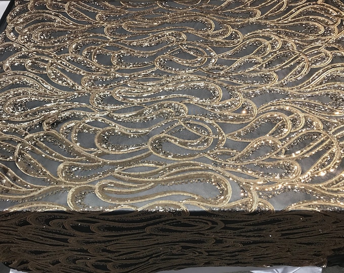 Geometric Sequins 4 way Stretch Fabric on mesh lace by the yard(Gold)used for Fashion apparel,wedding prom dress,tablecloths,veil,decoration