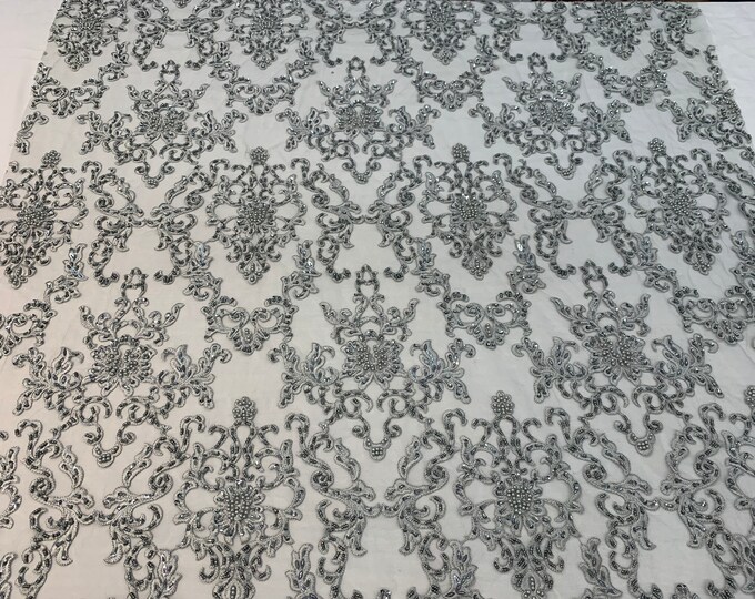 Deluxe Lace_ Gray Embroidered Lace By Yard_ Beaded Mesh Lace Fabric_Handmade Heavy Lace Glass Beads_ Bridal Fabric, Wedding Gowns, Costumes