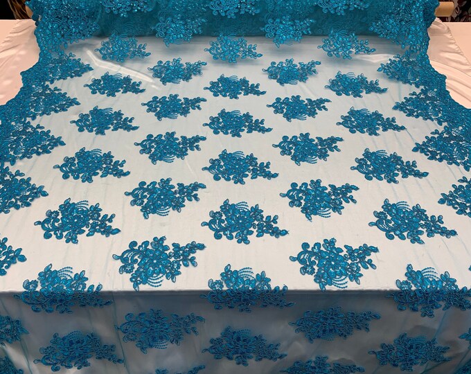Embroidered Mesh lace Floral Design (Turquoise) Fabric With Sequins By The Yard. For Tablecloths/Runners/Skirts/Costume/Dresses/ Decoration