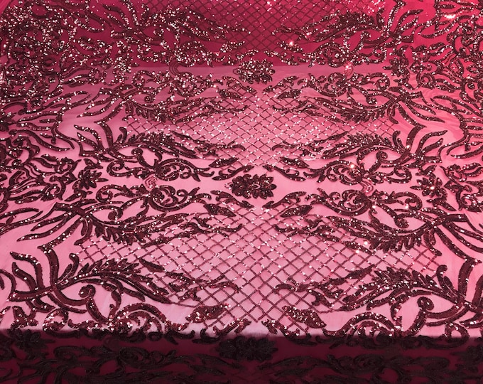 NEW Burgundy Design sequins 4 way stretch on A MESH lace Sold By the yard for decorations fashion wedding prom dresses, tablecloths