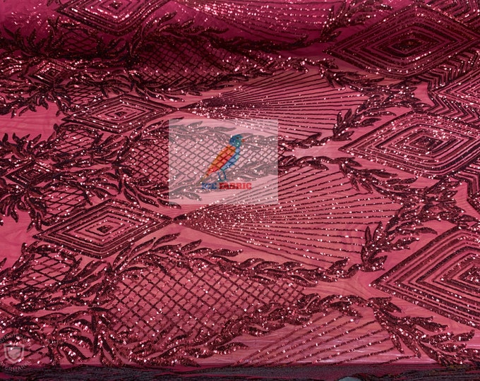 Burgundy// French Design Embroider Sequins 4 Way Stretch Spandex Geometric FOR PROM Sequins Lace Mesh Lace Fabric By The Yard// Decorations,