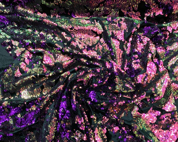 French// 2 WAY Stretch Sequins Embroider Velvet Fabric By The Yard// Mermaid Reversible Flip Up Sequins ON Black Velvet// Purple,Pink,Green