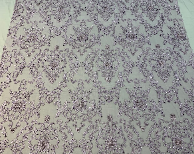Deluxe Lace_ Lilac Embroidered Lace By Yard_ Beaded Mesh Lace Fabric_Handmade Heavy Lace Glass Beads_ Bridal Fabric, Wedding Gowns, Costumes
