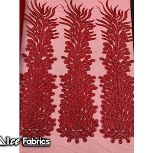 Red Peacock Feather Beaded Fabric sold by Panel | Embroidery Handmade Lace