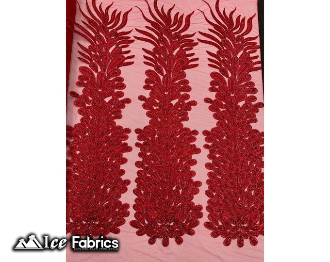Red Peacock Feather Beaded Fabric sold by Panel | Embroidery Handmade Lace