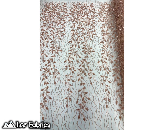 Blush Peach Beaded Embroidered Fabric By The Yard | Floral Flowers Sequin Handmade Lace Fabric on mesh Fabric