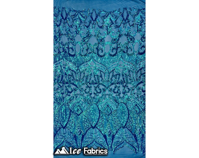 Luxury Sequin Fabric By The Yard | Iridescent Turquoise Power mesh | 4 Way Stretch Lace Fabric | Prom Dress (B I G)