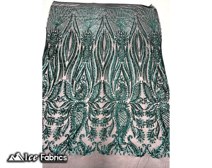 Loyalty Hunter Green Sequin Fabric By The Yard | Lace Embroidery Fabric | Sequin Lace on 4 Way Stretch Mesh