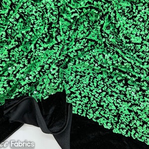 Luxury Stretch Velvet Sequin Fabric Green on Black Velvet By The Yard | Full All Over Sequin ( 5mm) on stretch Velvet Fabric