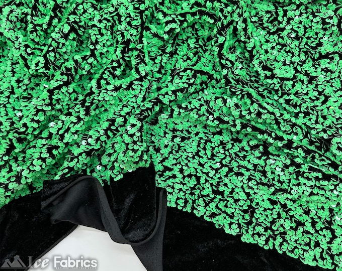 Luxury Stretch Velvet Sequin Fabric Green on Black Velvet By The Yard | Full All Over Sequin ( 5mm) on stretch Velvet Fabric