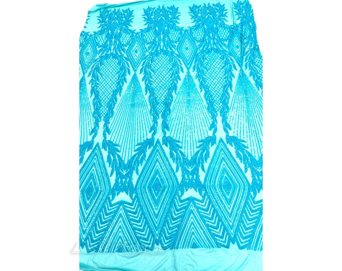 Aqua Sequin fabric Embroidered Lace Fabric By The Yard | Geometric Fabric 4 Way Stretch Spandex Fabric For Dress