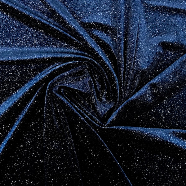 Navy Blue Velvet Fabric By The Yard | Shiny Glitter Spandex Fabric | On Stretch Velvet Fabric | (60” Wide ) | For Dresses, tablecloth