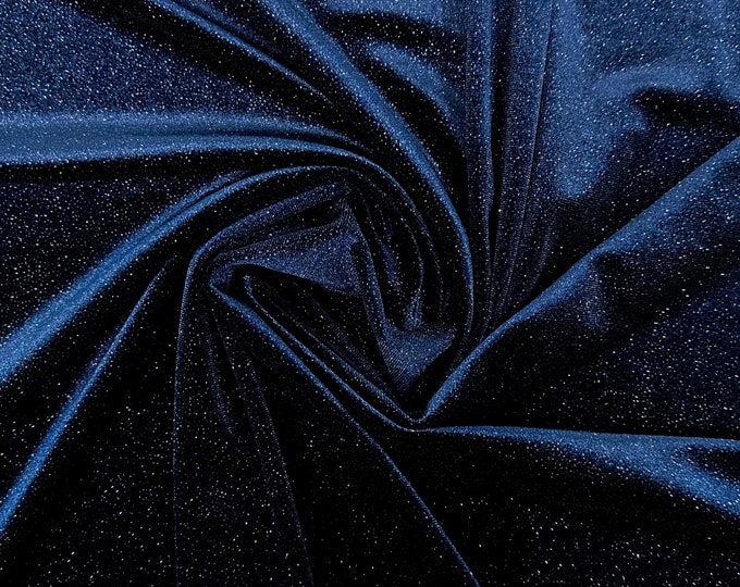 Navy Blue Velvet Fabric By The Yard | Shiny Glitter Spandex Fabric | On Stretch Velvet Fabric | (60” Wide ) | For Dresses, tablecloth