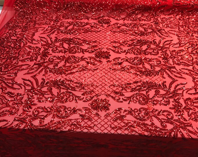 NEW Red Design sequins 4 way stretch on A MESH lace Sold By the yard for decorations fashion wedding prom dresses, tablecloths night gowns