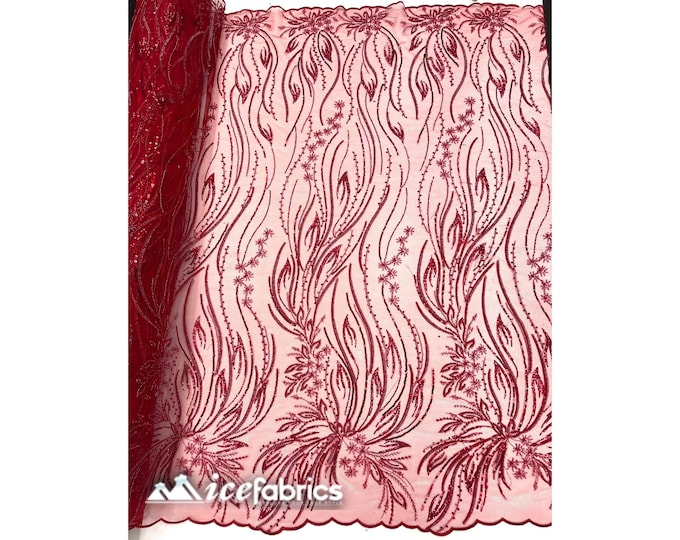 Rose Floral Beaded Fabric By The Yard | Red Handmade Flower Embroidery Lace Fabric | Wedding Dress, Prom Dress