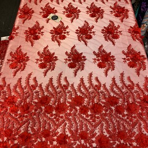 New 3D Beaded Flowers Hand Embroidered Floral Mesh Lace With Sequins By The Yard(Red Color) For Prom Dresses/Tablecloths/Runners/Night Gowns