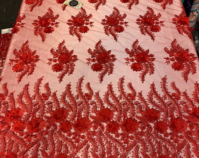 New 3D Beaded Flowers Hand Embroidered Floral Mesh Lace With Sequins By The Yard(Red Color) For Prom Dresses/Tablecloths/Runners/Night Gowns
