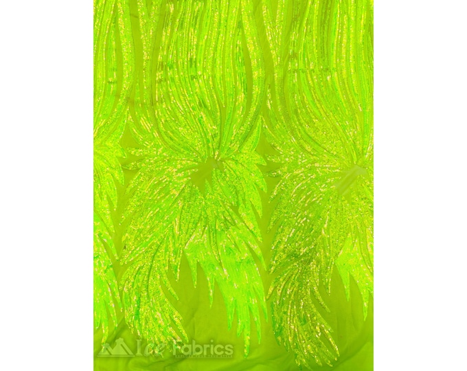 Gorgeous Stretch Sequin Fabric Iridescent Neon Yellow By The Yard | Embroidered Lace Fabric on power mesh Spandex Fabric | for wedding dress