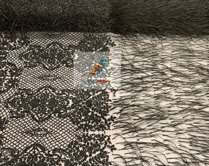 Black LUXURY Feather Beaded Bridal Lace Beaded Mesh Lace Fabric By Yard FEATHER Beads EMBROIDERY Heavy Beaded Lace,Wedding Dress,Prom Fabric