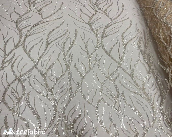 Champagne Handmade Heavy Beaded Fabric By The Yard | 52’’ Wide | Handmade Embroidery Beaded Lace Fabric with Sequin