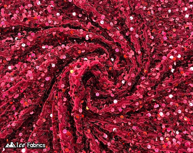 Emma 2 Way Stretch Velvet Sequin Fabric By The Yard | Embroidery Sequin On Spandex Velvet | Burgundy | 60” Wide