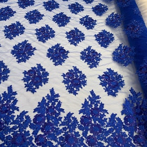 Royal Blue_ Floral Lace Fabric By Yard_ Embroidered Corded Metallic Flowers Mesh Lace Fabric With Sequins_ Dress, Gowns,Tablecloths,Costume