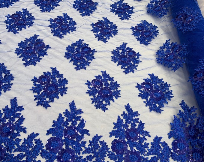 Royal Blue_ Floral Lace Fabric By Yard_ Embroidered Corded Metallic Flowers Mesh Lace Fabric With Sequins_ Dress, Gowns,Tablecloths,Costume