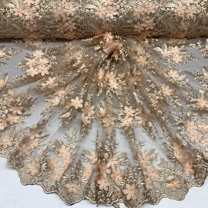 Peach_ 3D Flowers Beaded Mesh Lace Bridal Fabric By The Yard/ Mesh Beaded Embroider Lace Floral Fabric/ Wedding Fabric, Prom Dress, Gowns