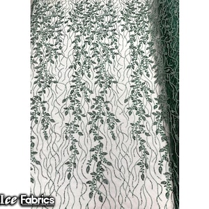 Hunter Green Beaded Embroidered Fabric By The Yard Floral Flowers Sequin Handmade Lace Fabric on mesh Fabric
