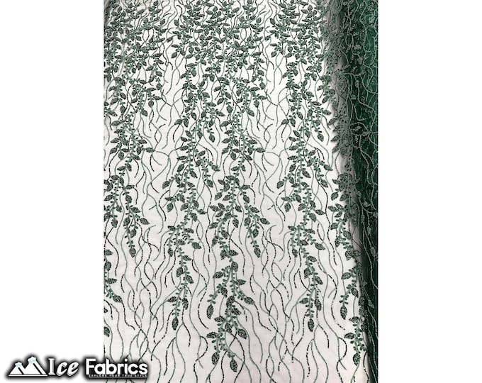 Hunter Green Beaded Embroidered Fabric By The Yard Floral Flowers Sequin Handmade Lace Fabric on mesh Fabric